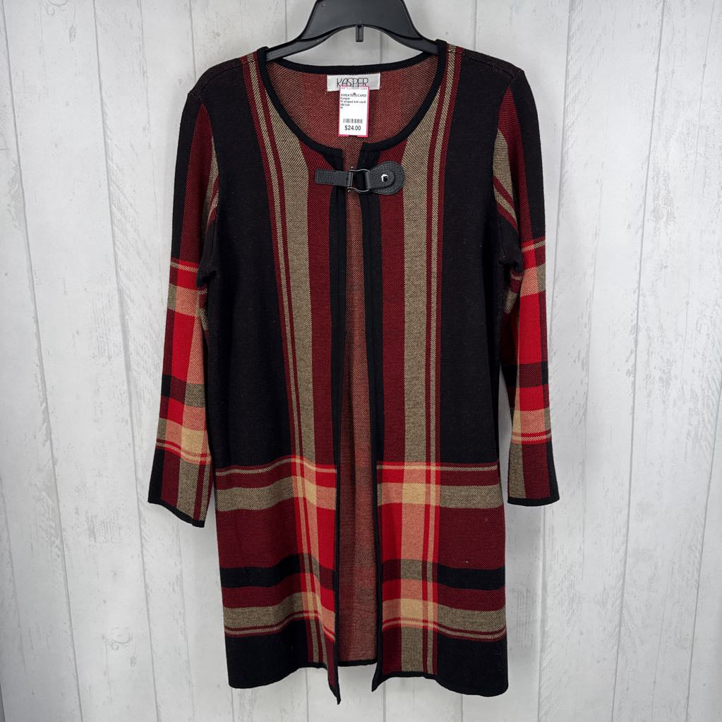 M striped knit cardi w/ faux leather buckle