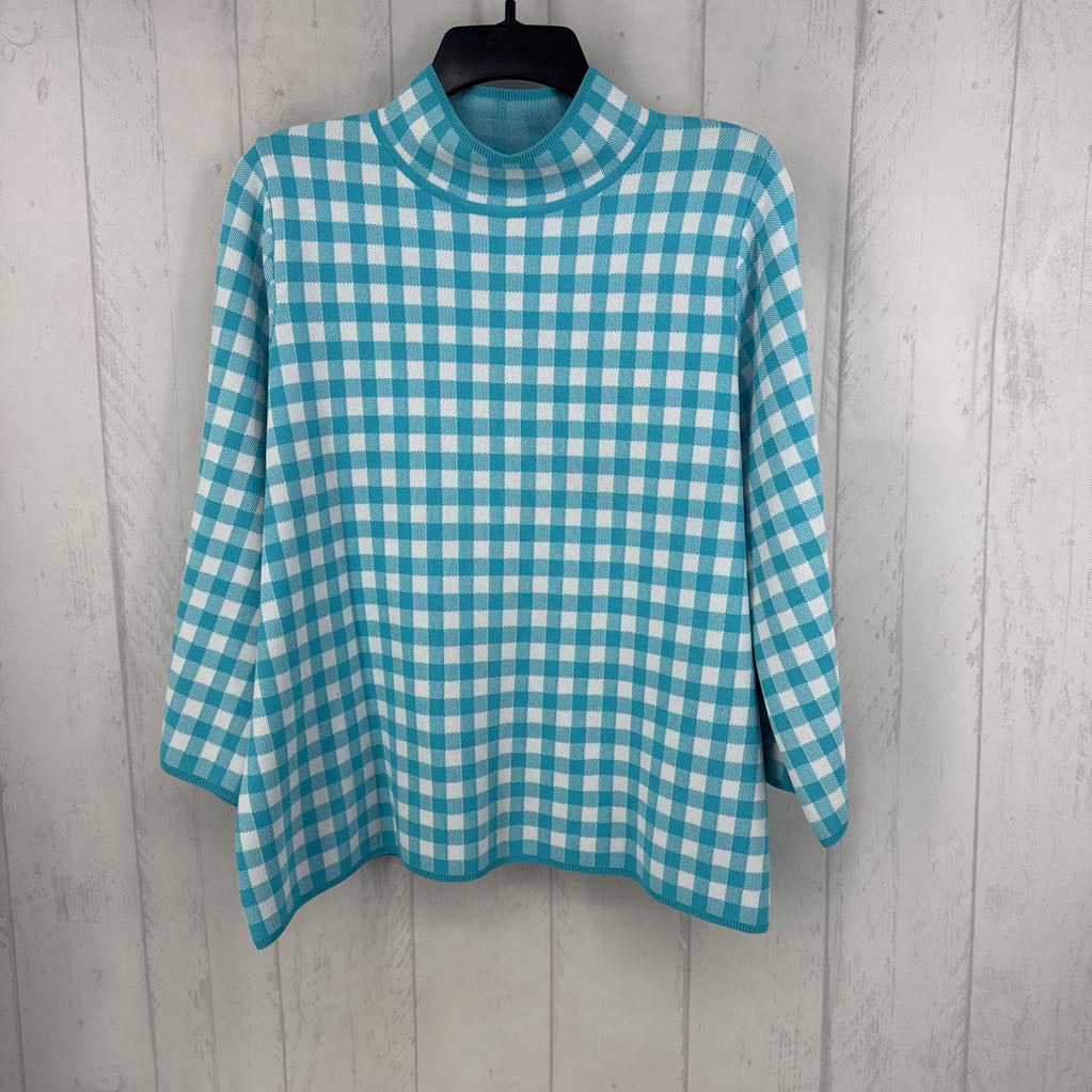 L gingham mock neck 3/4 slv top