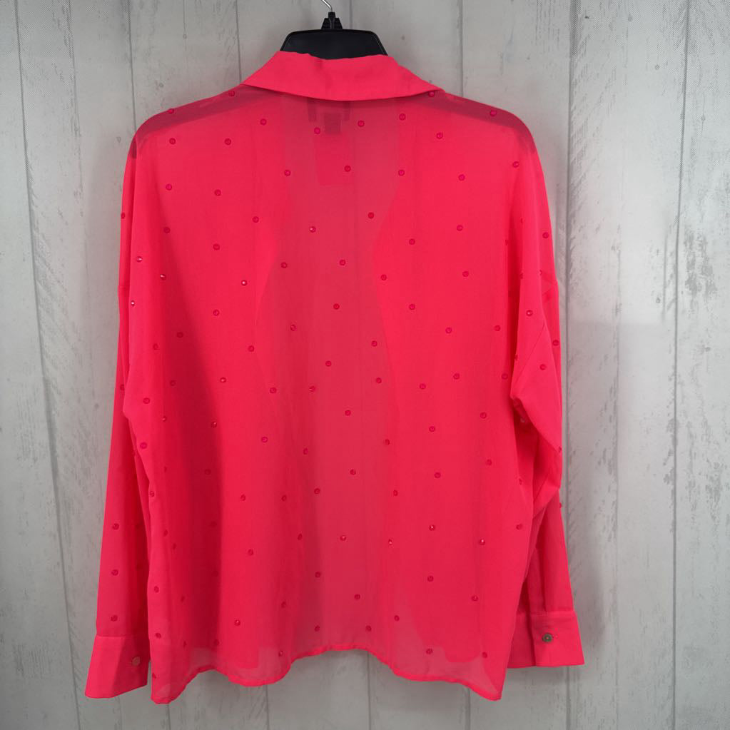 M semi-sheer rhinestone embelished button down l/s top