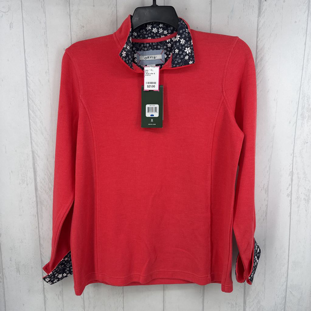 L floral collar & cuff quarter zip l/s pullover
