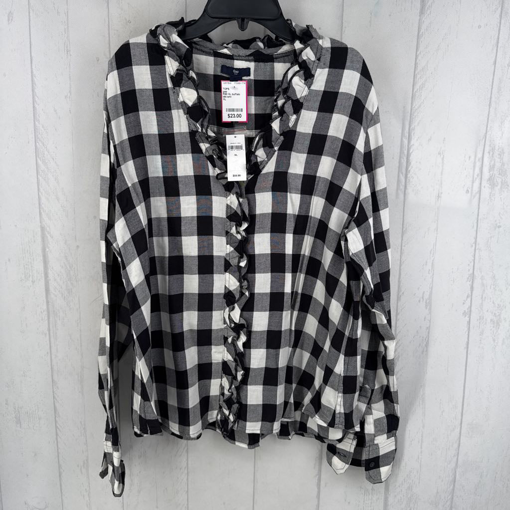 R60 XL buffalo plaid ruffled button down l/s top