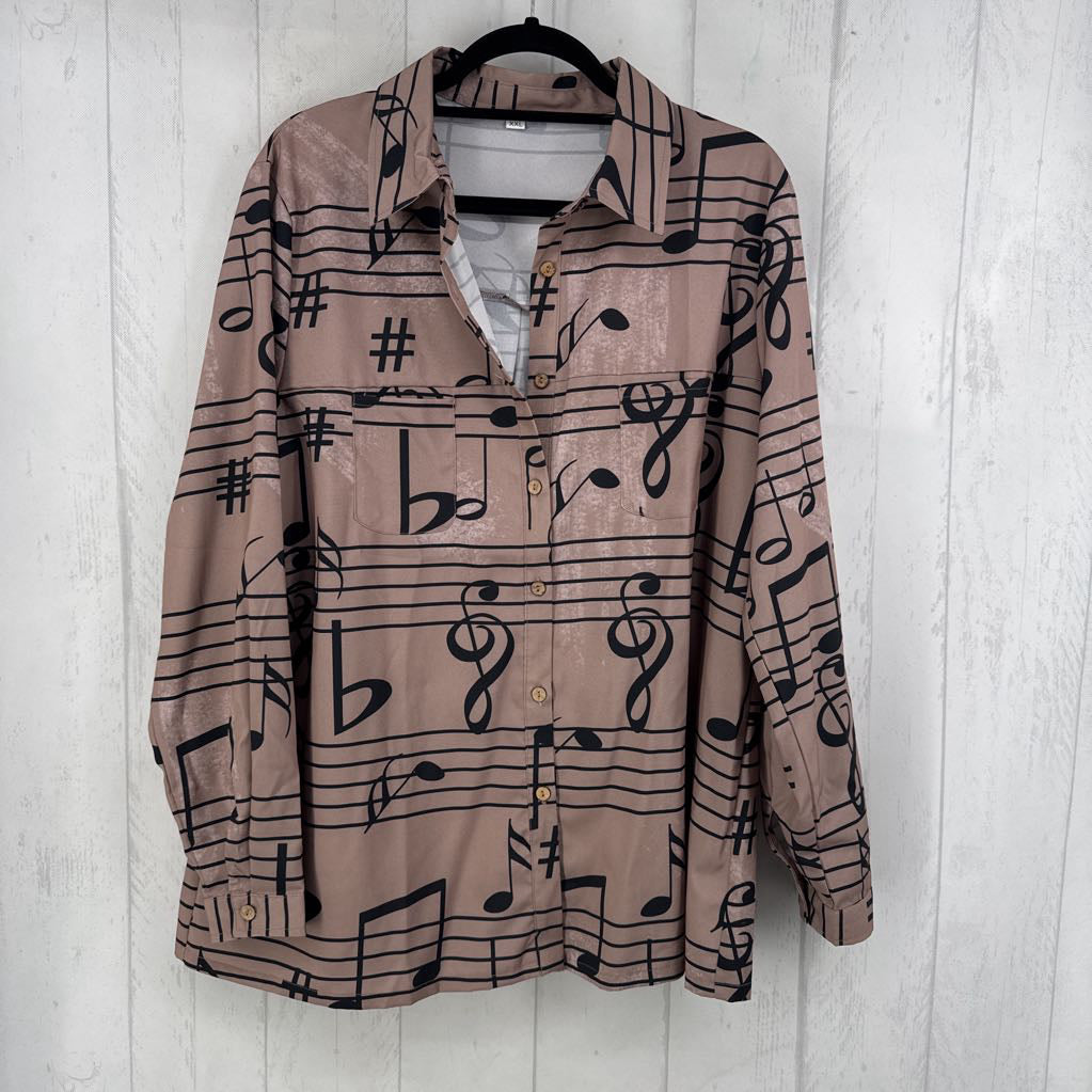 XXL musical note print button down l/s top