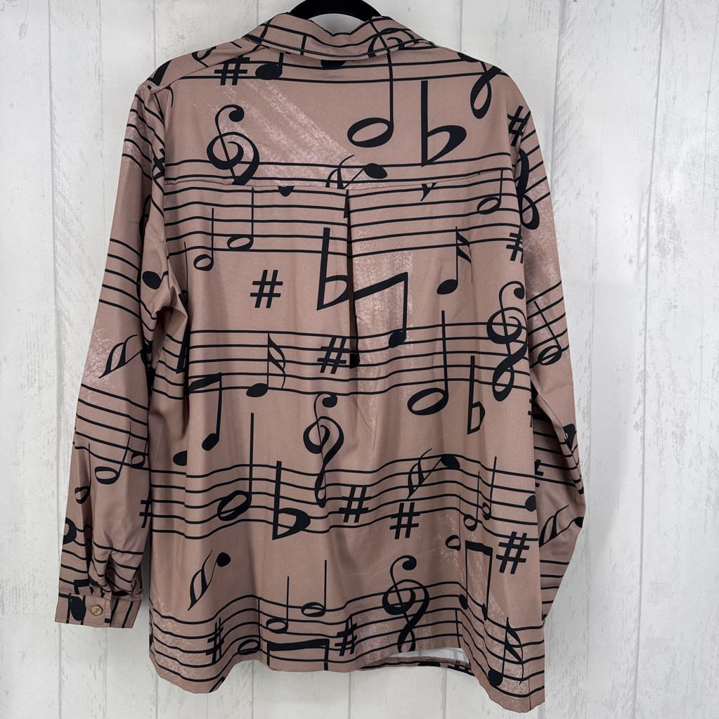 XXL musical note print button down l/s top
