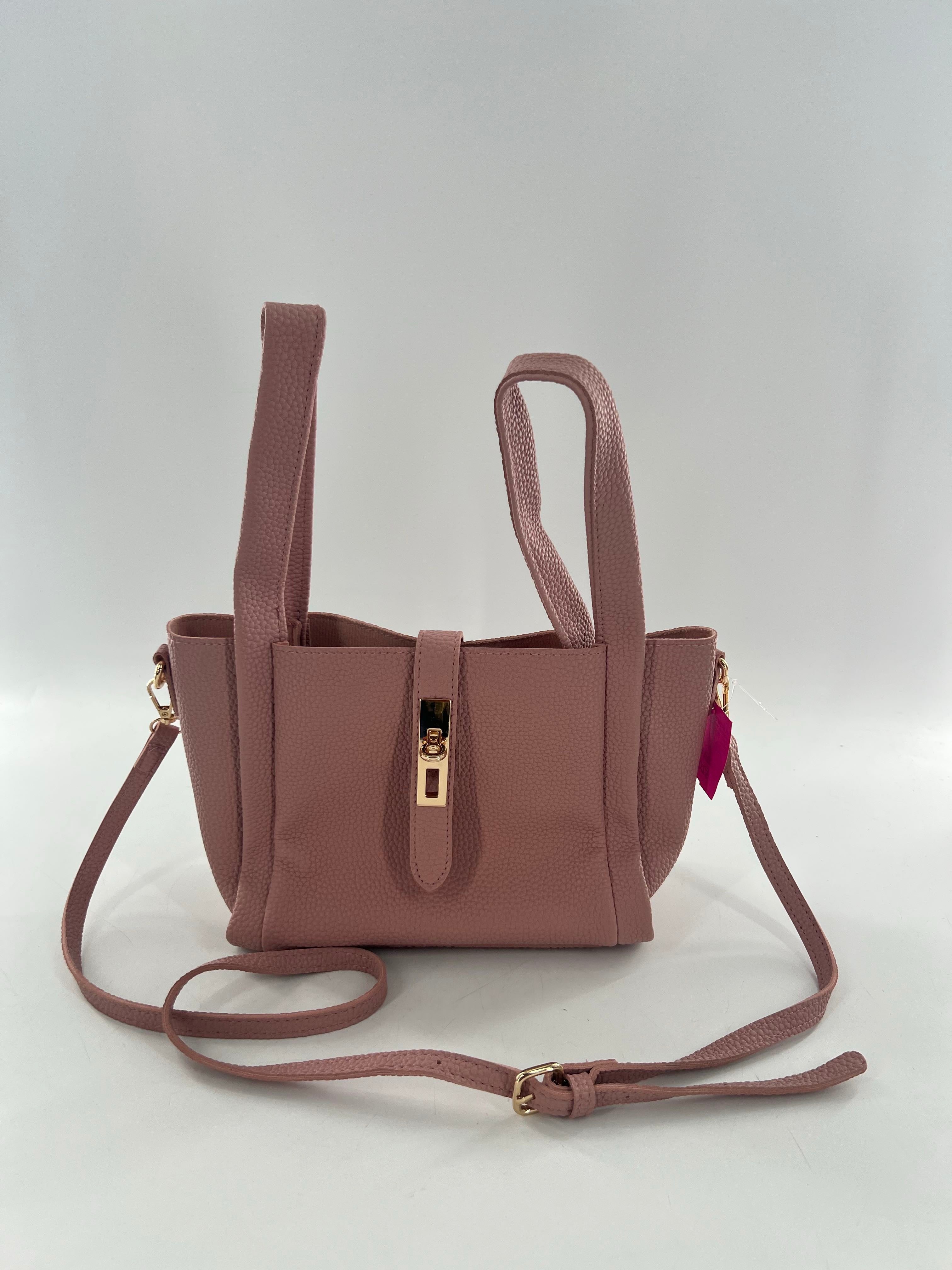 2pc textured faux leather double top handle turnlock closure handbag w/ pouch