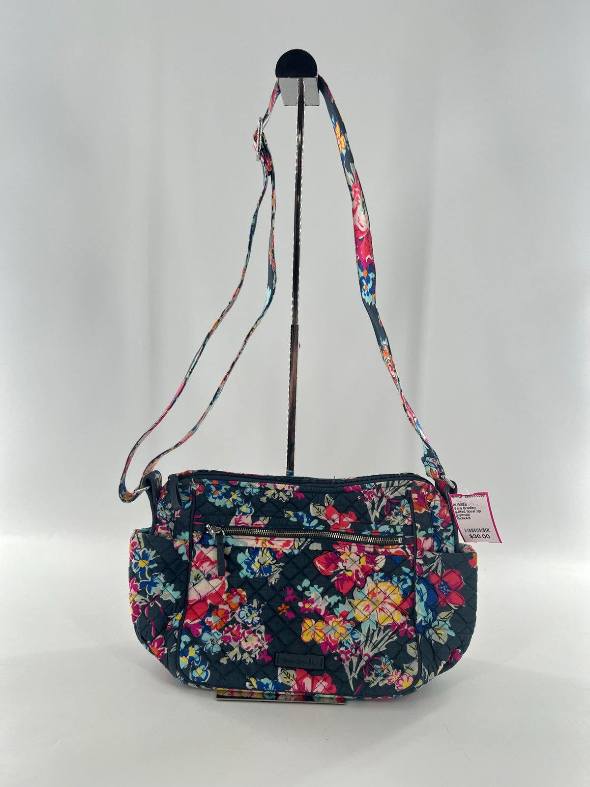 quilted floral zip front pocket crossbody