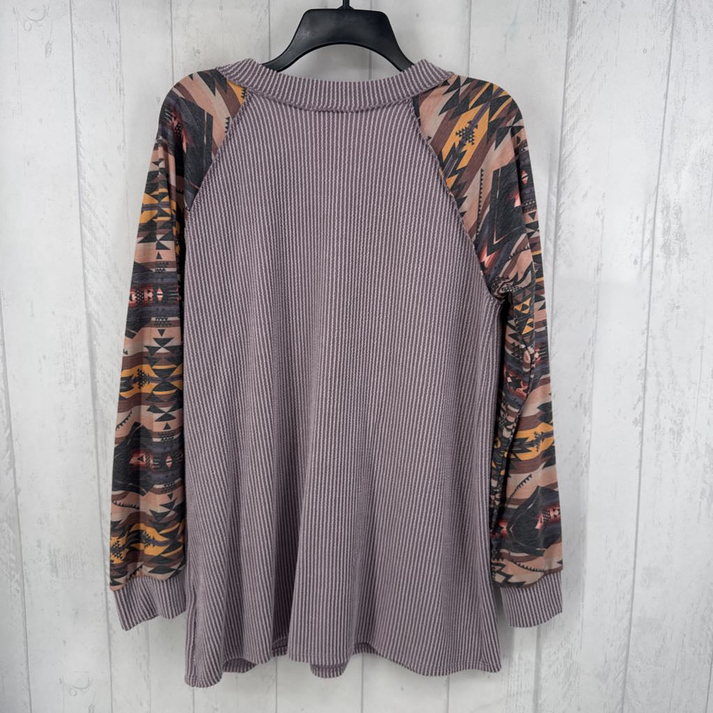 L aztec print slv ribbed top