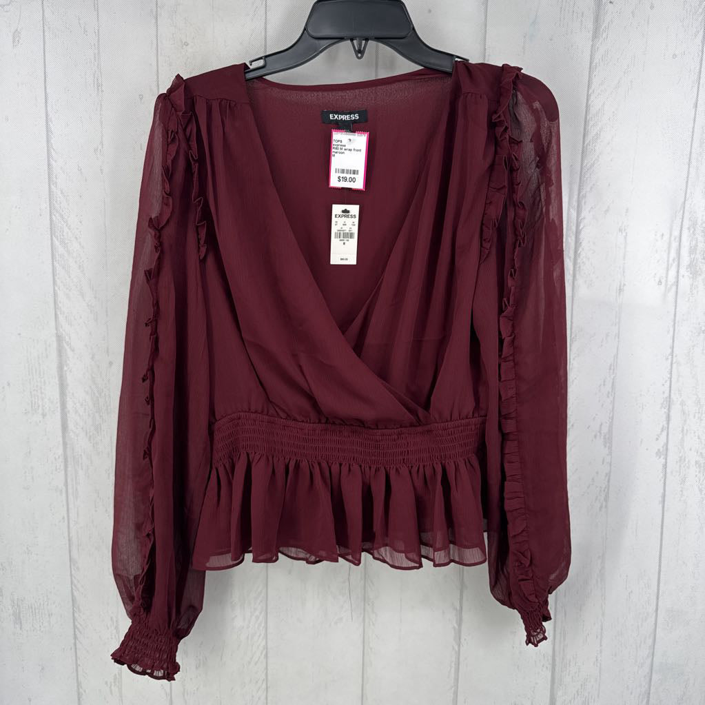 R60 M wrap front v-neck ruffled peplum hem l/s blouse