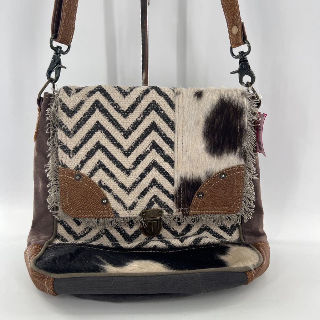 canvas chevron pattern cowhide fringe edges crossbody