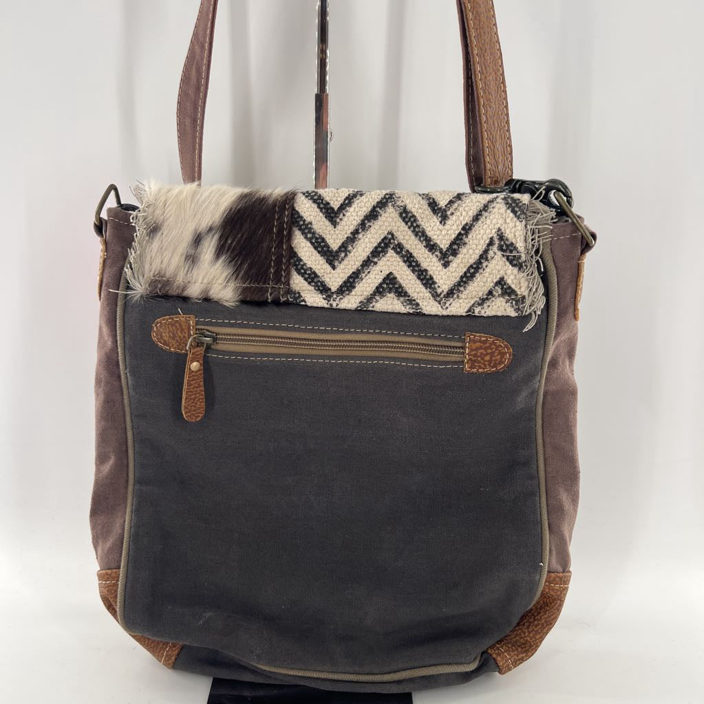 canvas chevron pattern cowhide fringe edges crossbody