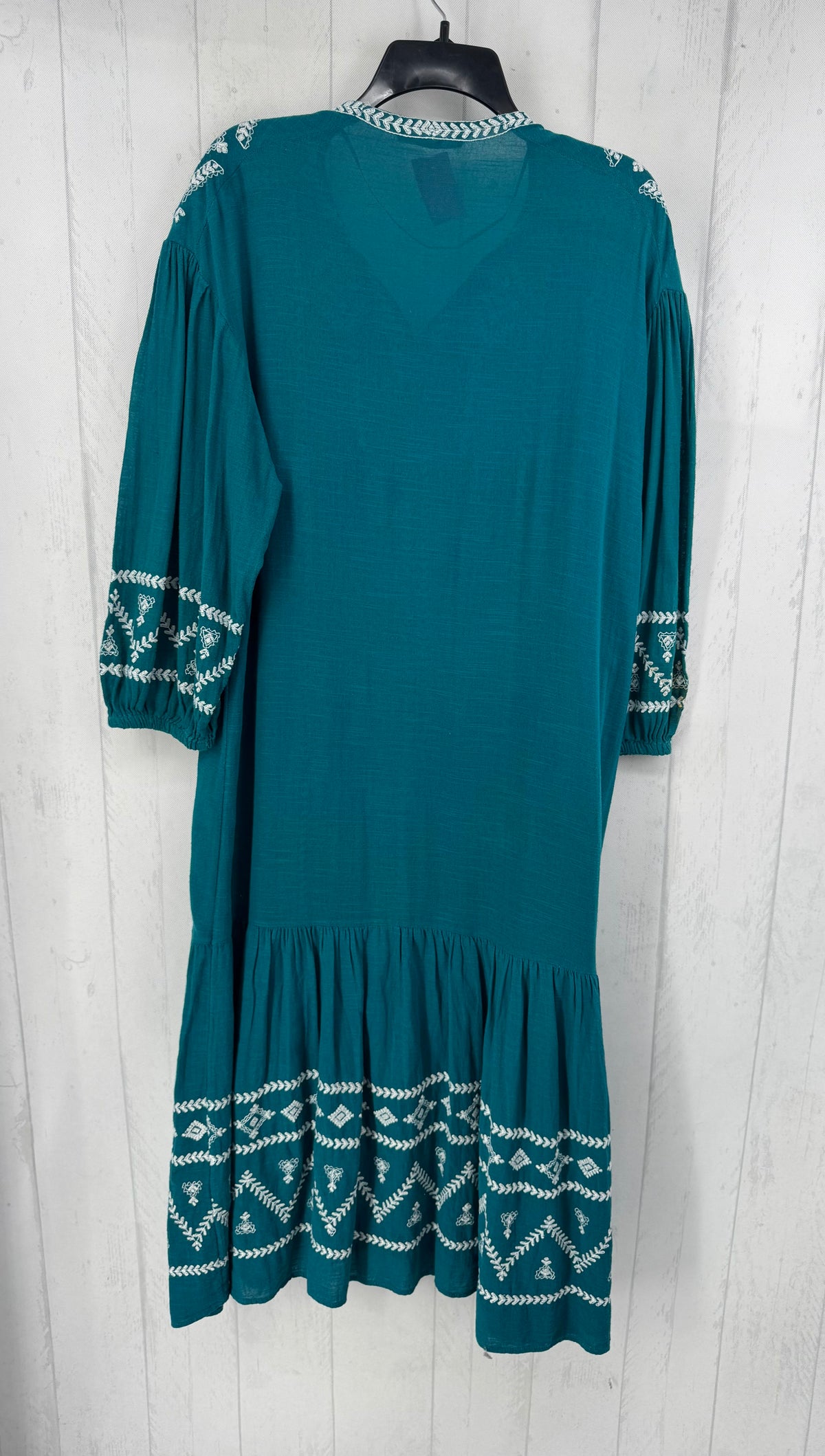 XS geometric embroidered pom pom tassel 3/4 slv maxi dress