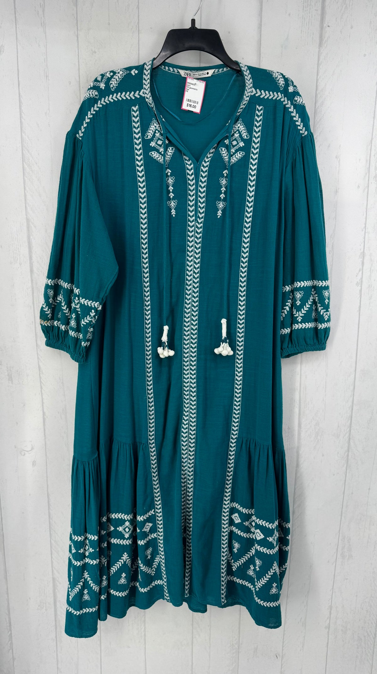 XS geometric embroidered pom pom tassel 3/4 slv maxi dress