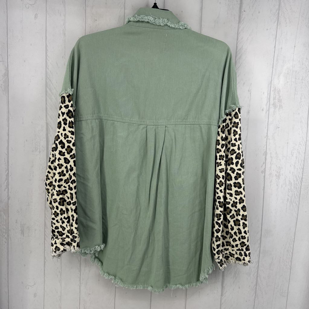 L animal print frayed button shacket