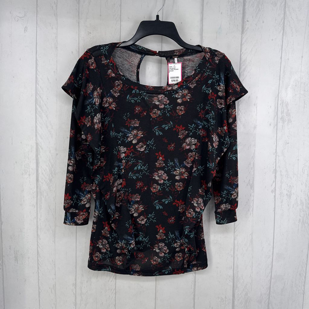 S ruffle shoulder foral 3/4 slv top