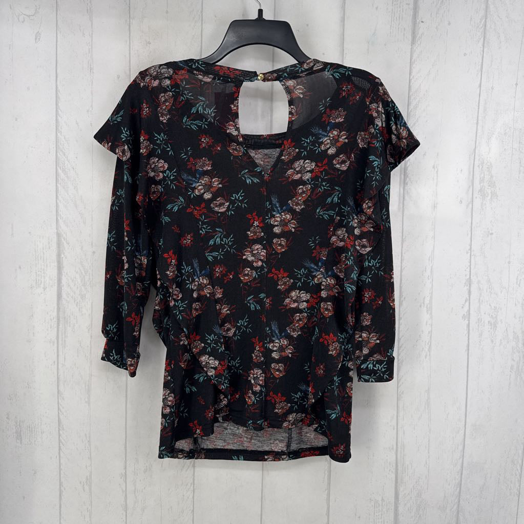 S ruffle shoulder foral 3/4 slv top