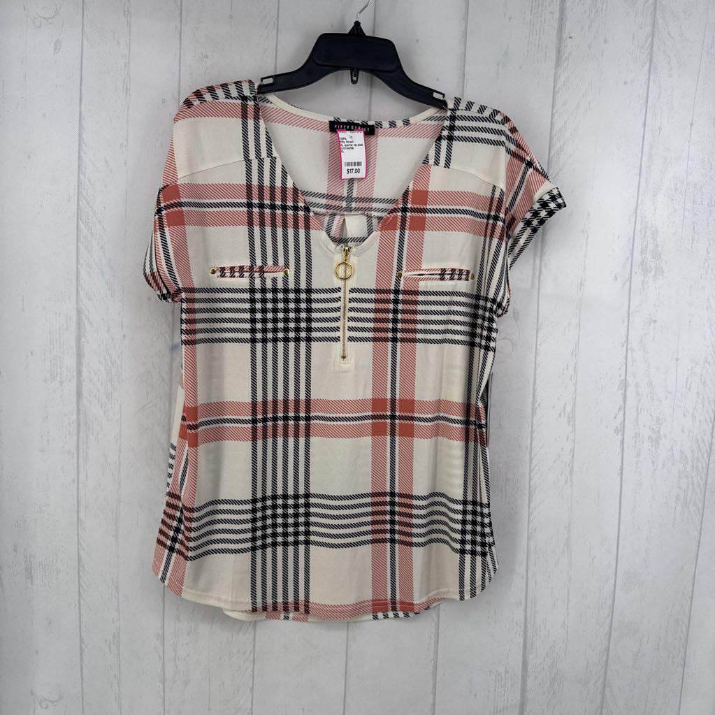 XL quarter zip plaid cuff slv top