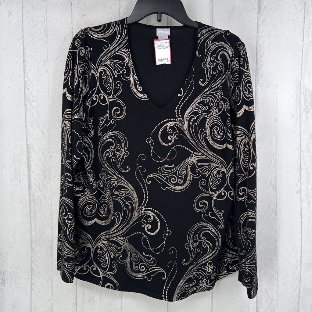 L metallic print v-neck l/s top