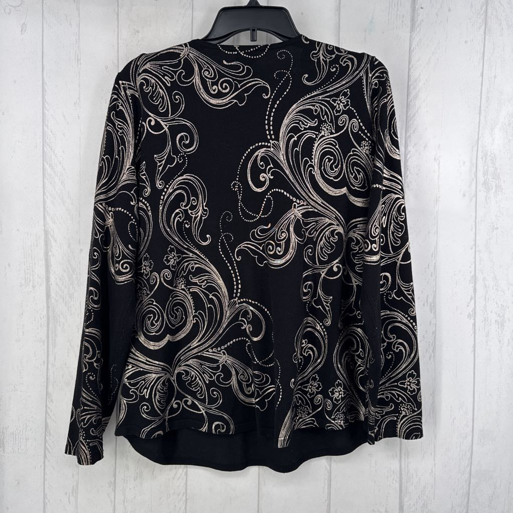 L metallic print v-neck l/s top