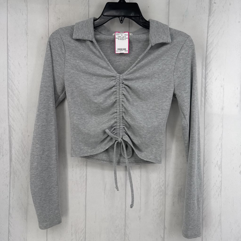 S ribbed ruched v-neck l/s top