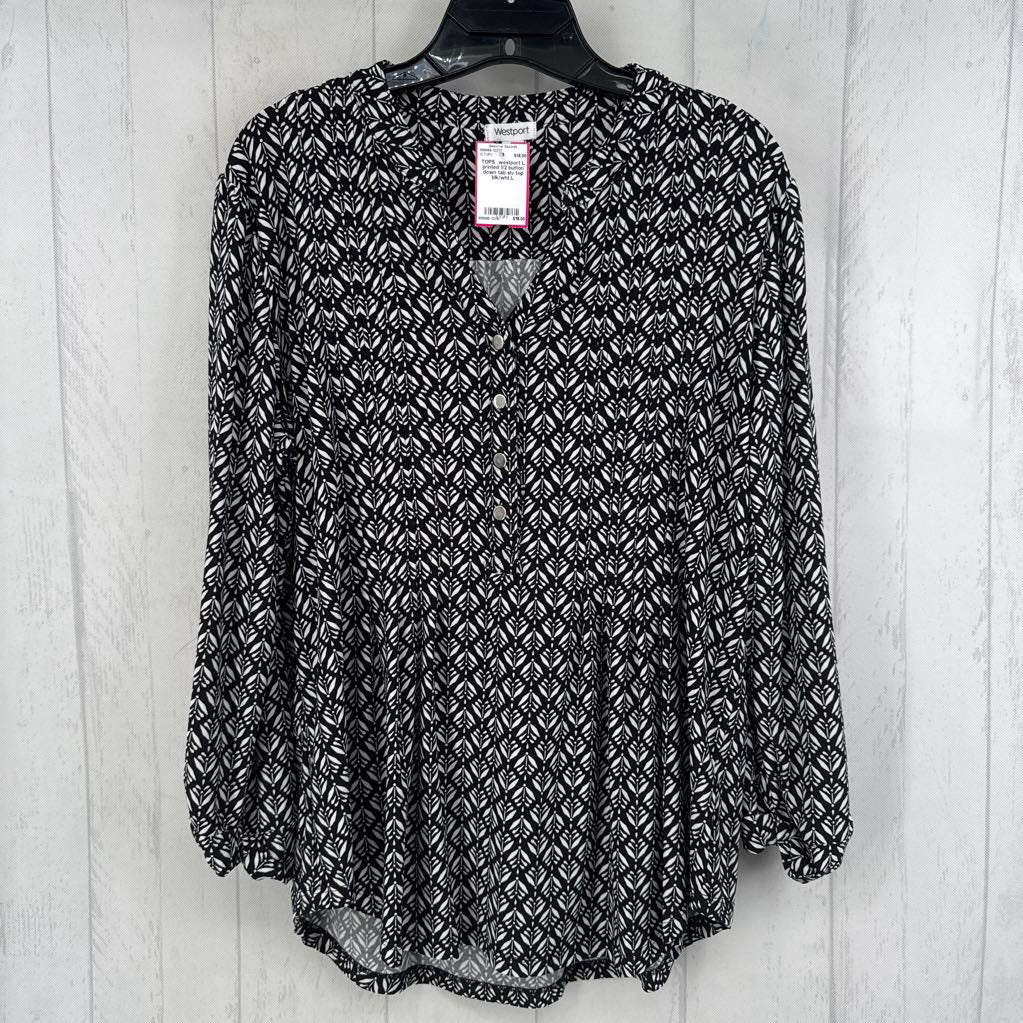 L printed 1/2 button down tab slv top