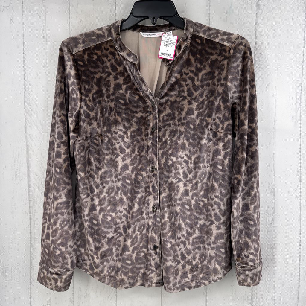 S animal print velour button down l/s top