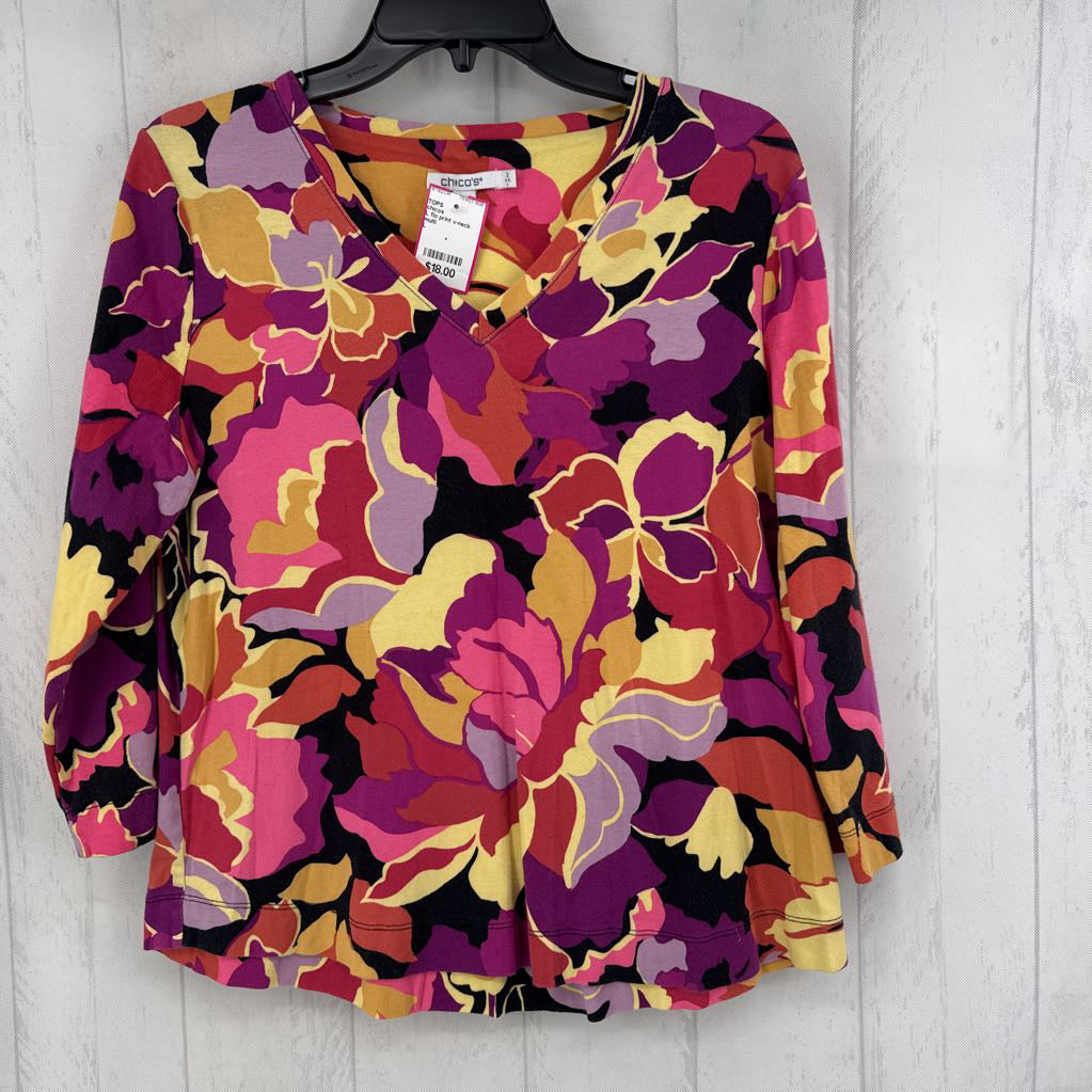 L flo print v-neck 3/4 slv tee