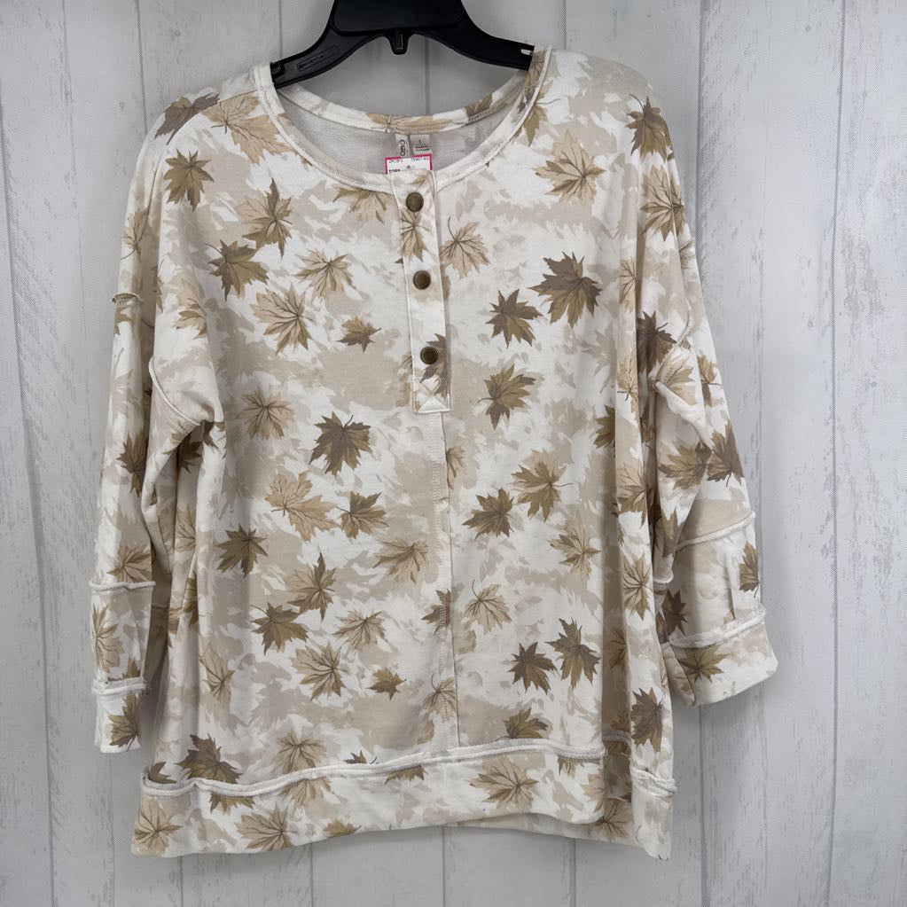 L leaf print quarter button down l/s top