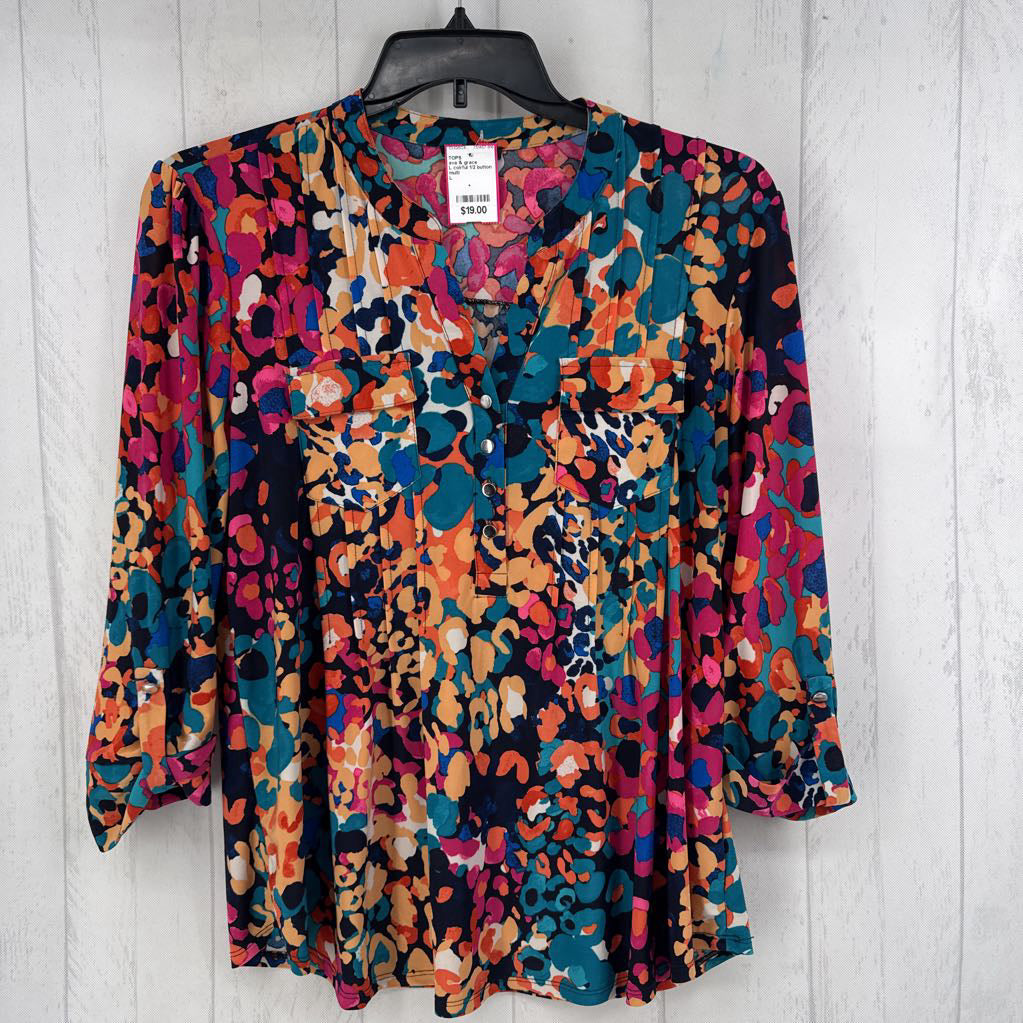 L colrful 1/2 button down tab slv top