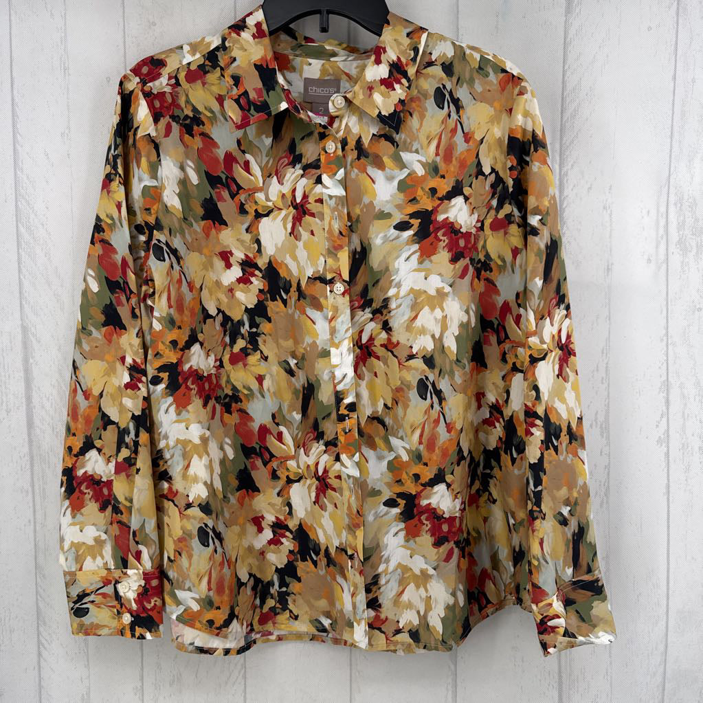 L flo print button down l/s top
