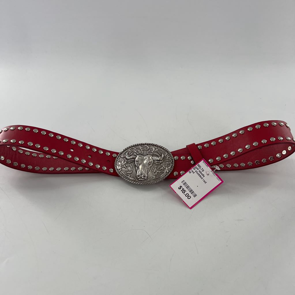 M studded red leather belt w/ bull buckle