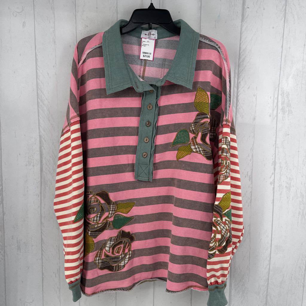 L striped flo embroidered l/s top
