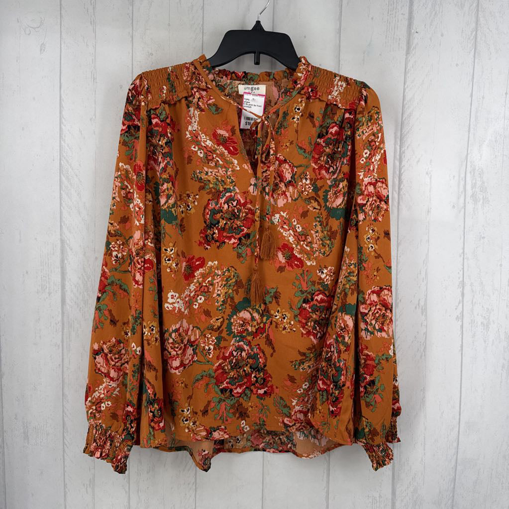 S flo print tie front l/s top