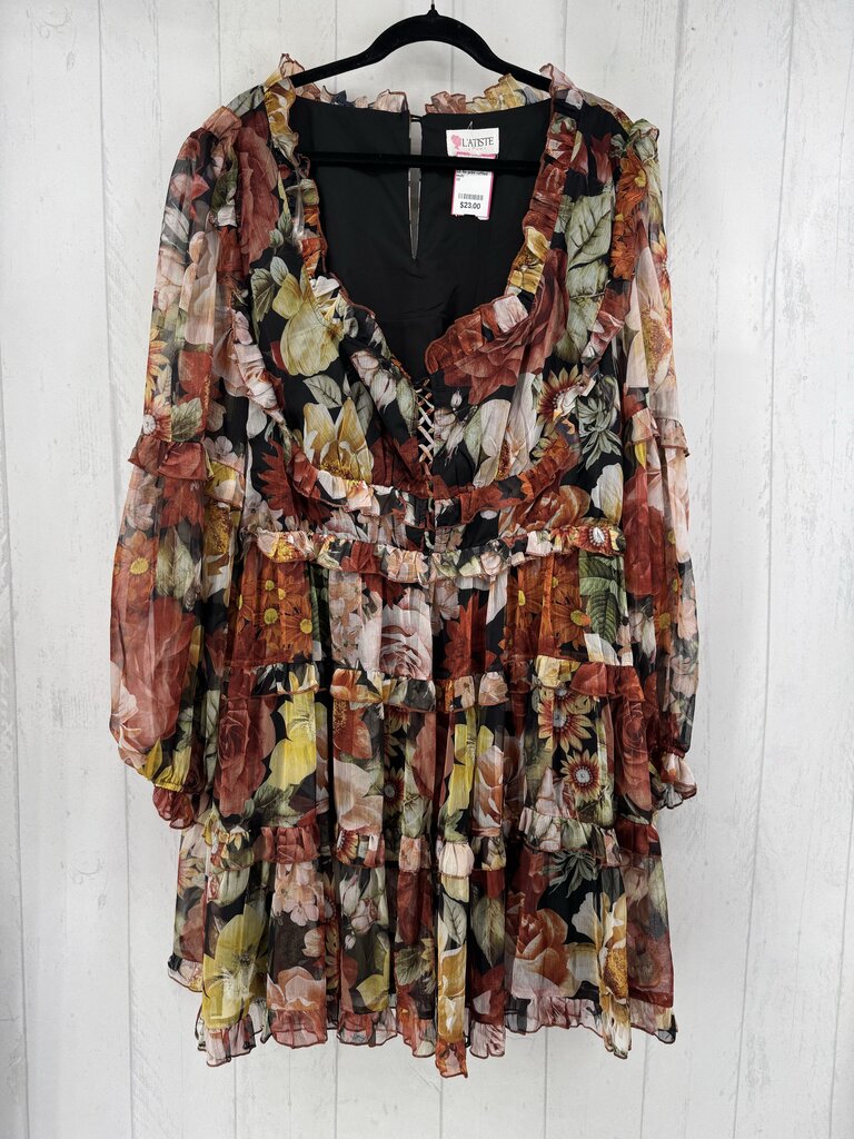 3X flo print ruffled l/s dress