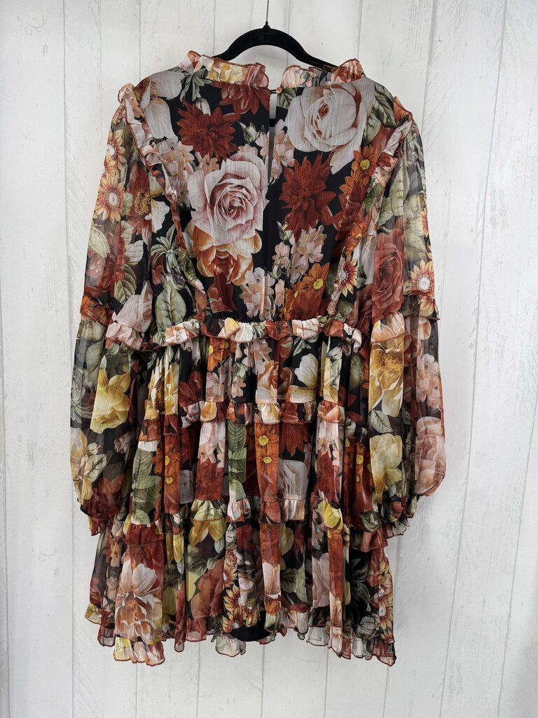3X flo print ruffled l/s dress