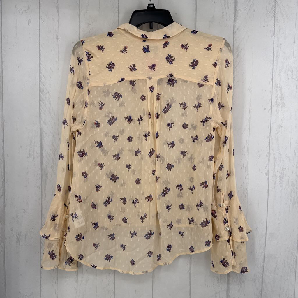 S flo print button down flutter slv hi-lo top