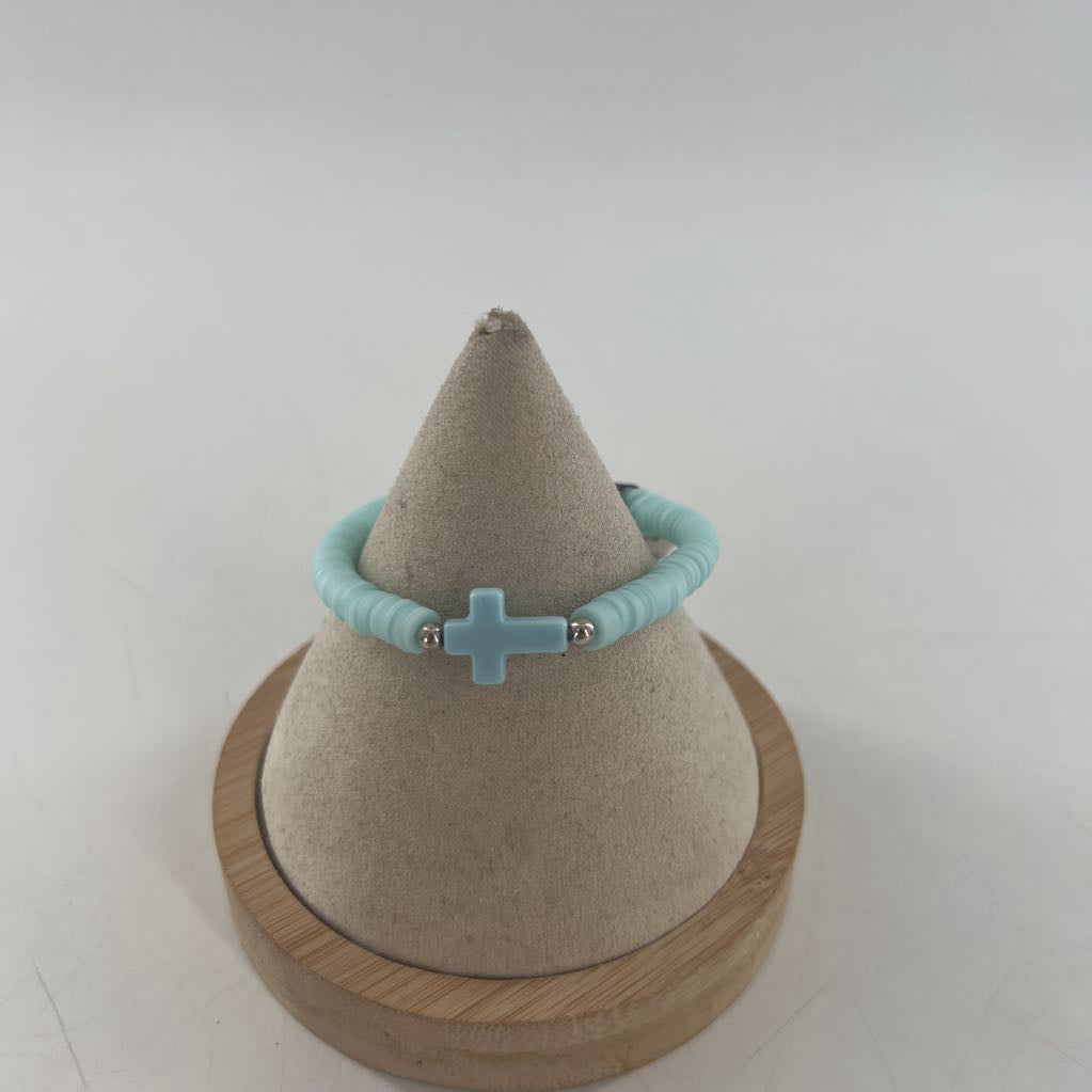 aqua beaded stretch bracelet w/cross