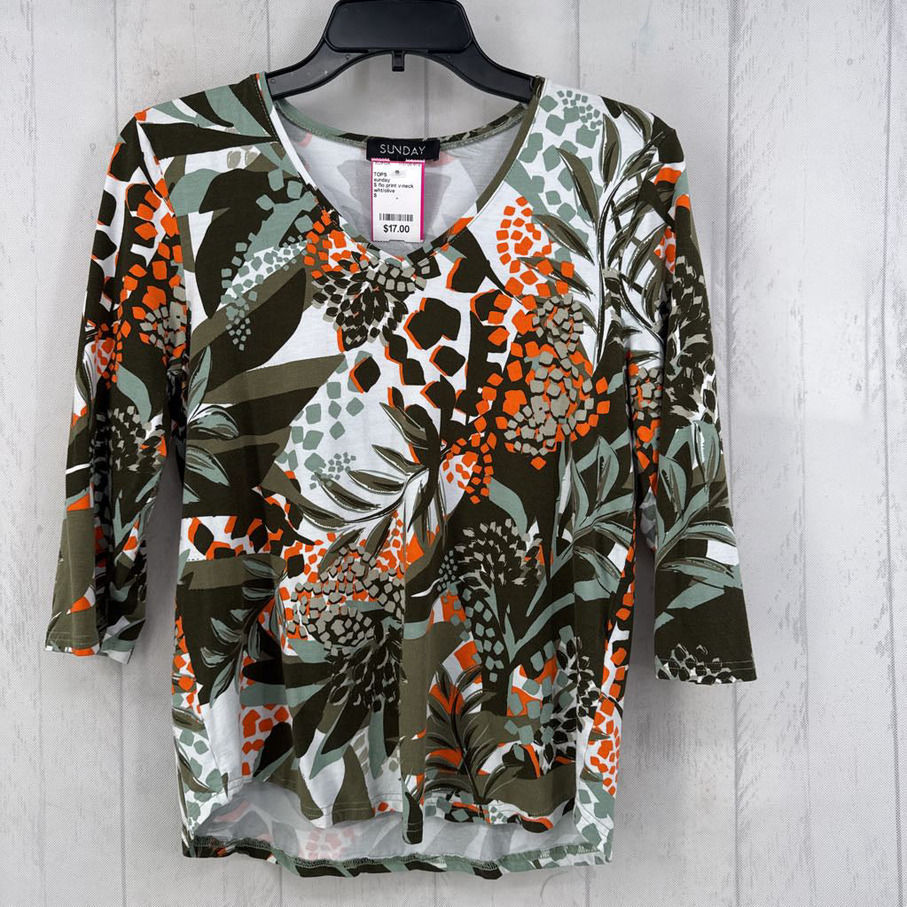 S flo print v-neck 3/4 slv top