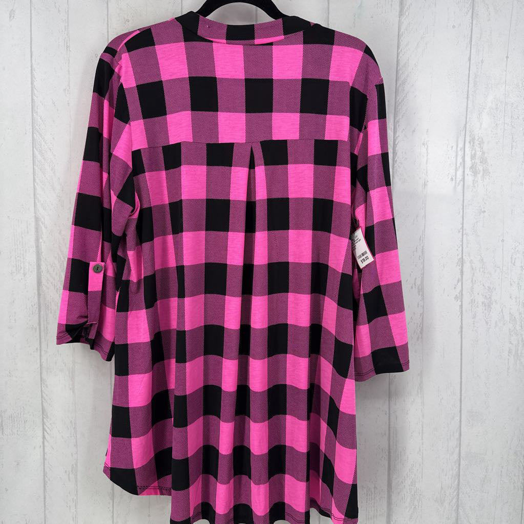 2X/3X plaid split neck tab slv tunic