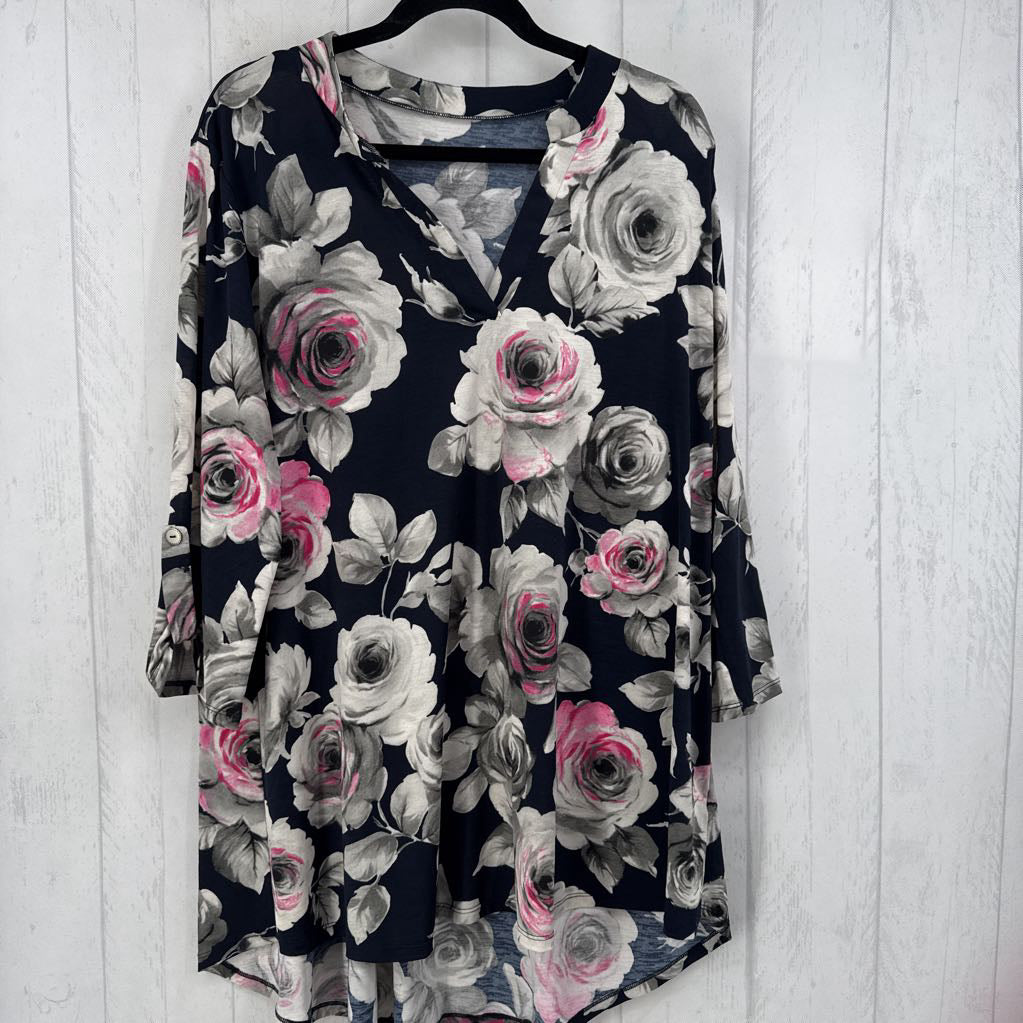2X/3X flo print split neck 3/4 slv tunic