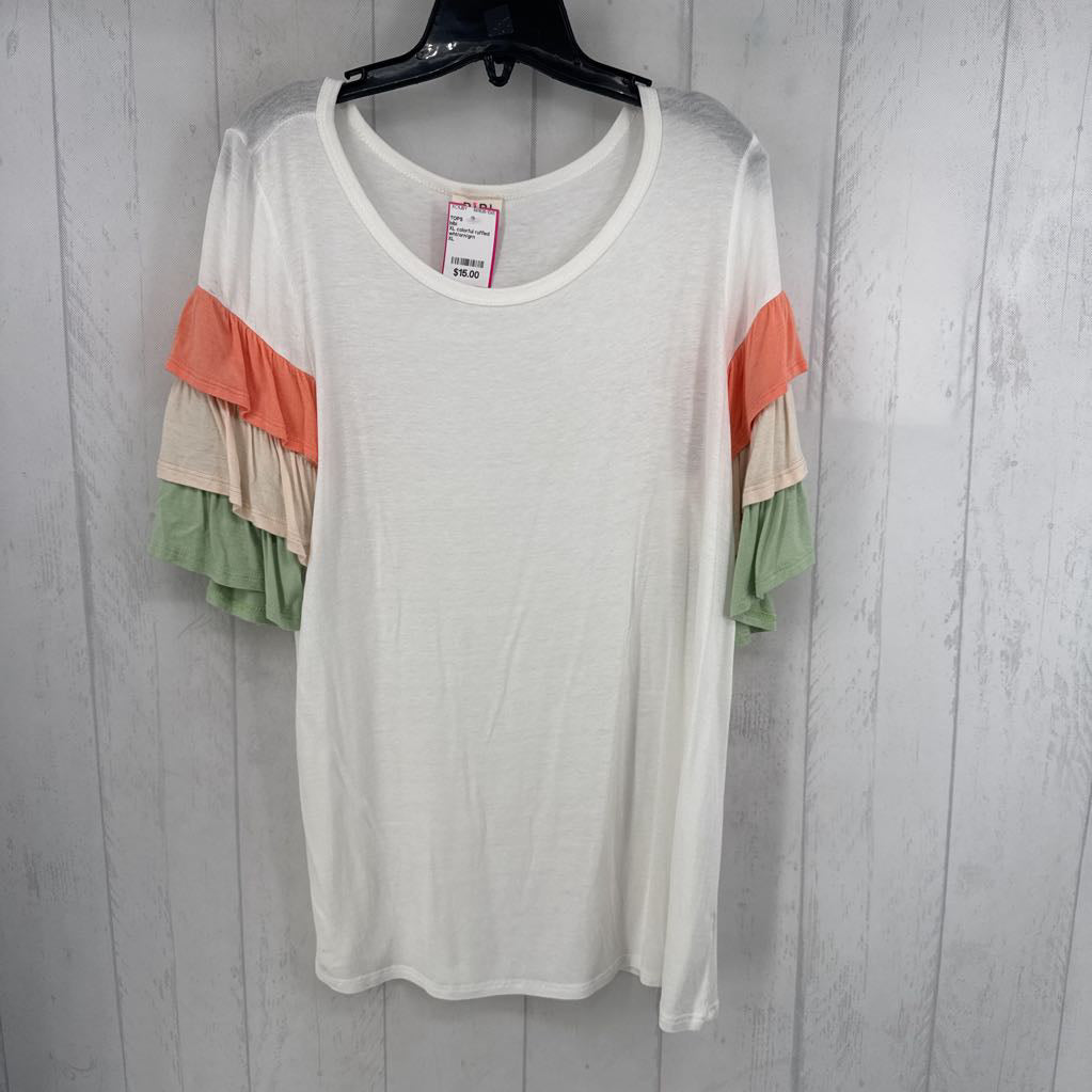 XL colorful ruffled slv tee s/s