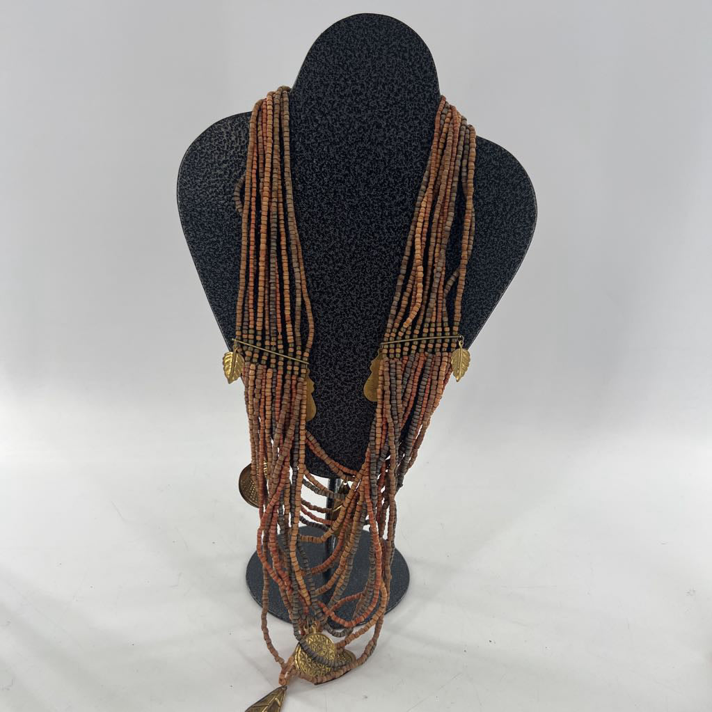 17" wood multi-strand necklace w/ gold leaves