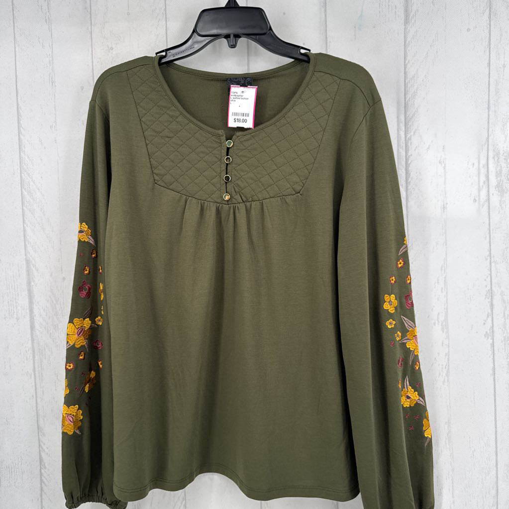 L quilted button front flo embroidered l/s tee