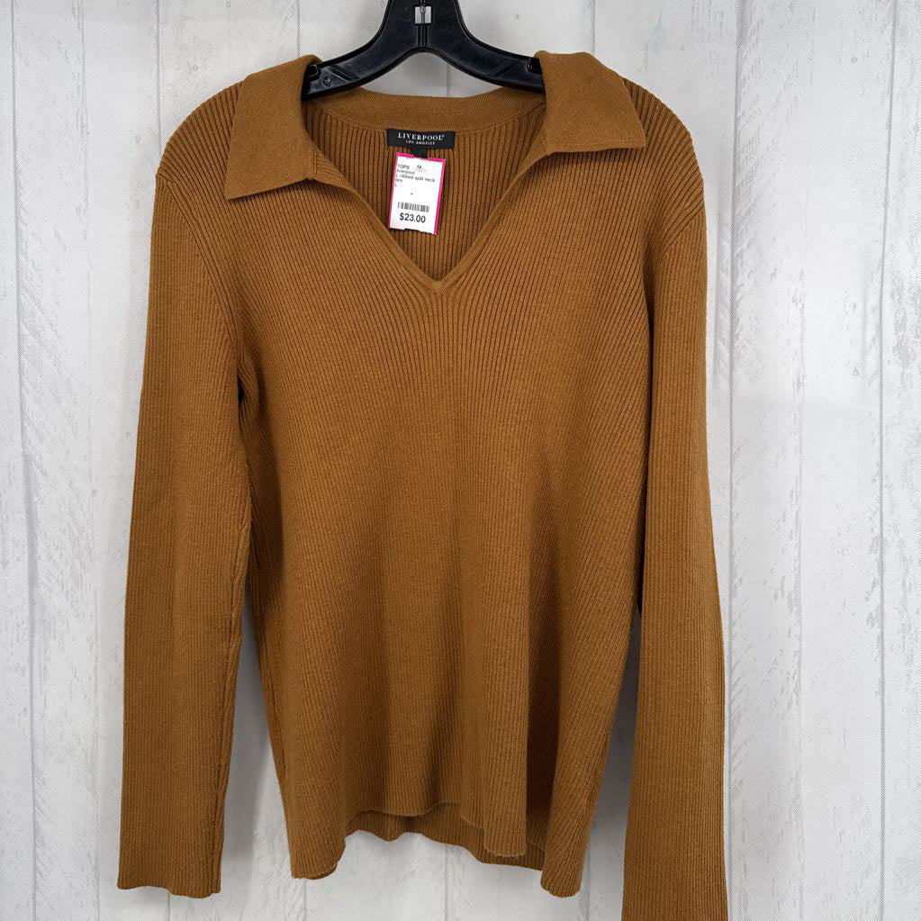 L ribbed split neck knit l/s top