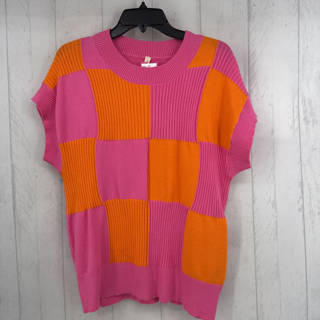 L checkered s/s knit top