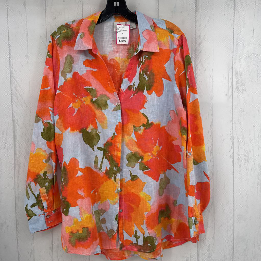 L flo print button down l/s top