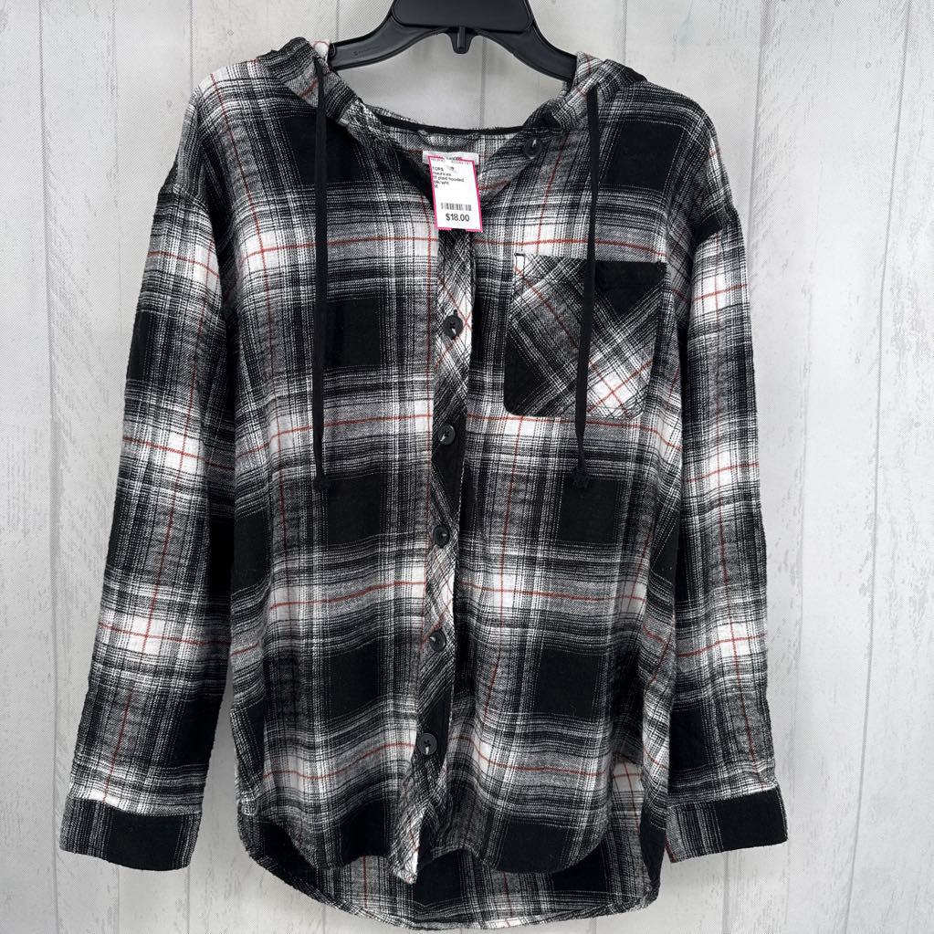 M plaid hooded button down l/s top