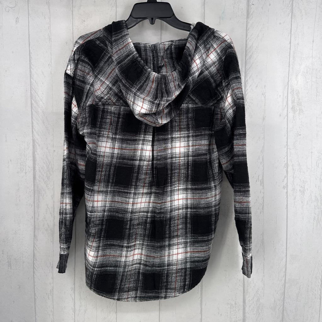 M plaid hooded button down l/s top