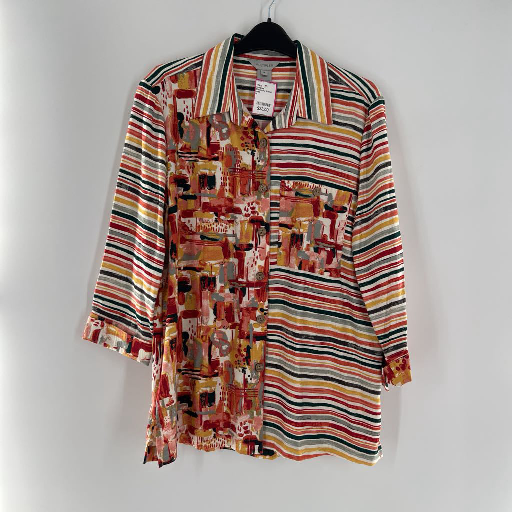 M colorful button down tab slv top
