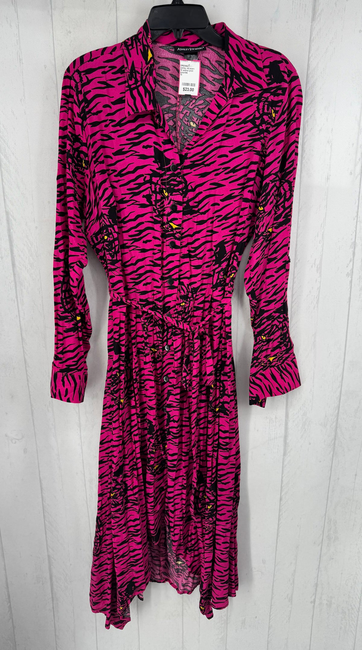 12 animal print button down belted l/s dress
