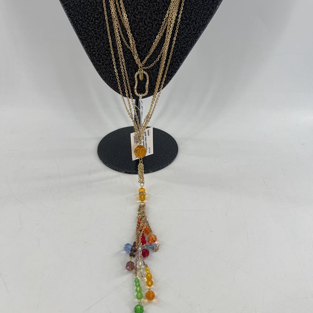 gold tone colorful beaded tassel necklace