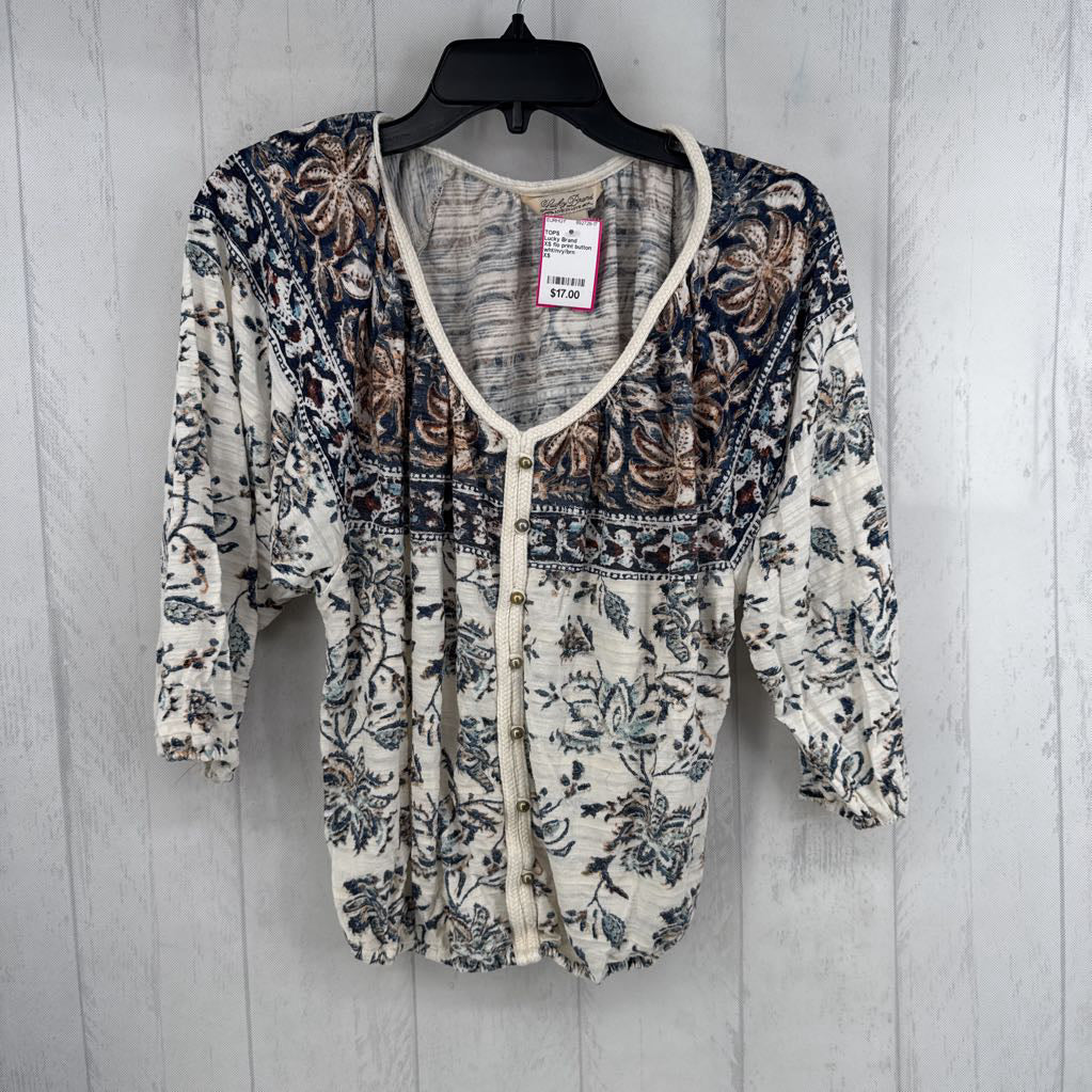 XS flo print button down 3/4 slv top